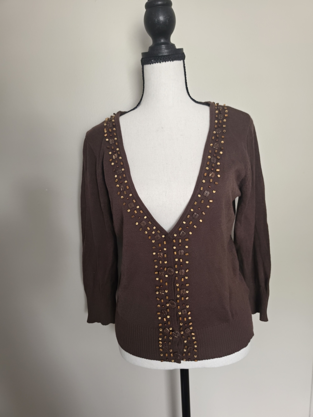 Rena Rowan Women's Brown Solid Knit V-Neck 3/4 Sleeve Studded Cardigan M